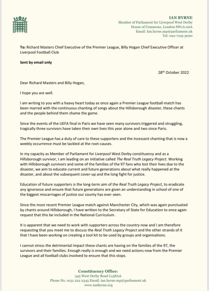 Ian Byrne – 2022 Letter to Premier League Over Offensive Hillsborough ...